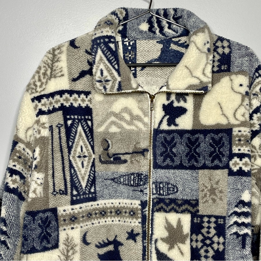 Vintage 90s Northern Teddy Sherpa Fleece Zip Up Print Sweater Jacket L - Picture 2 of 6